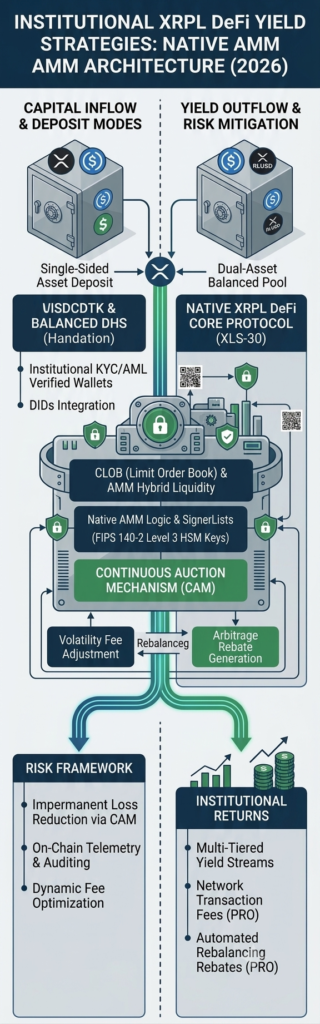 Institutional XRPL DeFi ecosystem architecture featuring native AMM yield pools and risk management framework