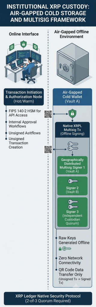 Secure institutional XRP Custody architecture featuring air-gapped cold storage and multi-signature protocol workflow